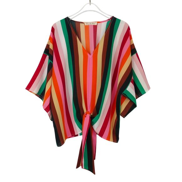 Lulu's Vine & Love Multicolor Rainbow Striped Front Tie Short Sleeve Top Small - Picture 1 of 5